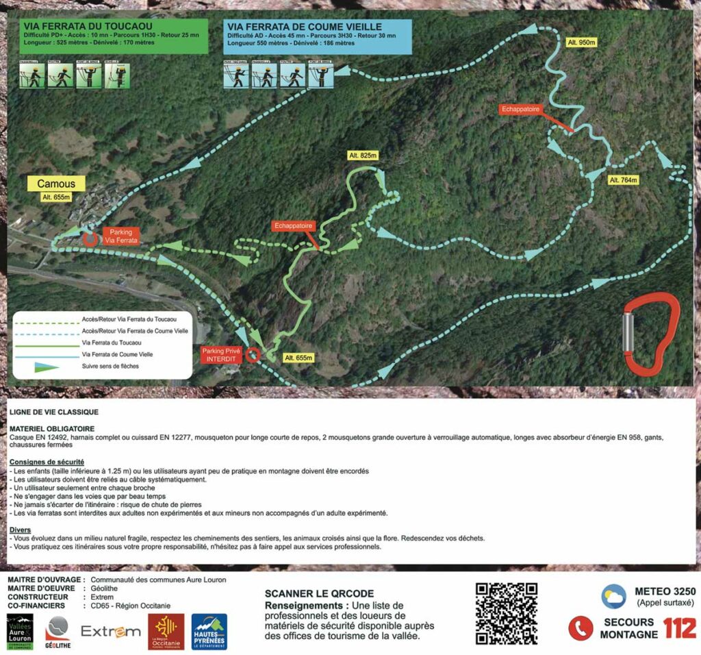 Plan des parcours Via Ferrata du Tucaou et de Coume Vieille